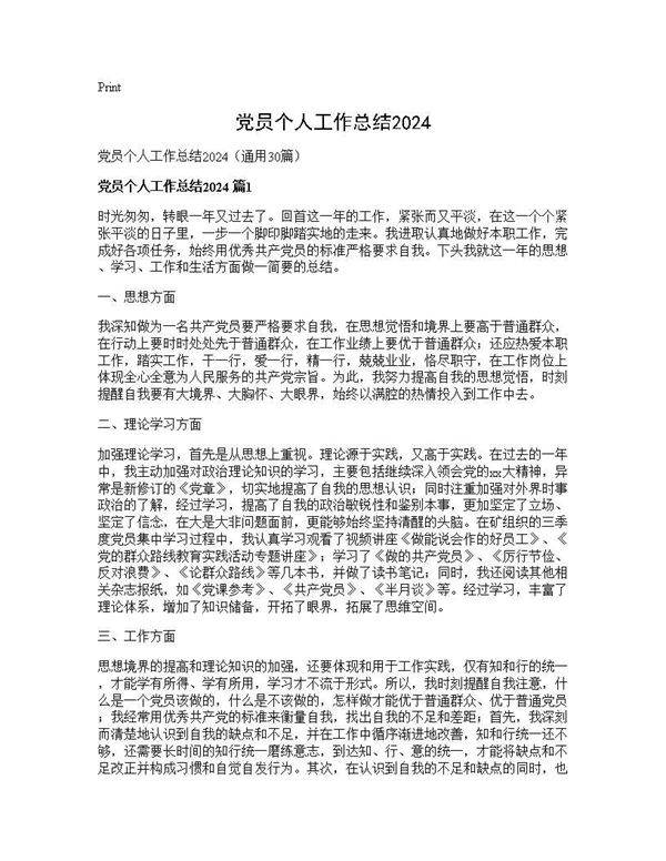 党员个人工作总结202430篇