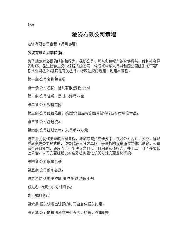 独资有限公司章程19篇