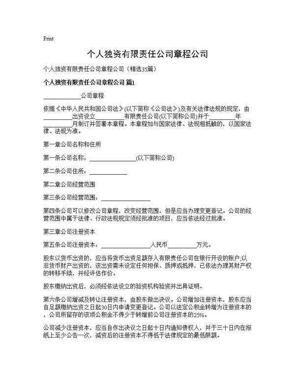 个人独资有限责任公司章程公司35篇