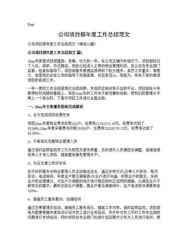 公司项目部年度工作总结范文31篇