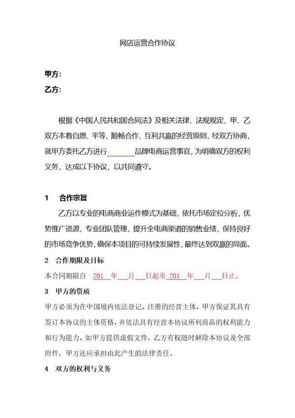 网店运营合作协议模板
