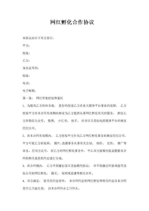 网红孵化合作协议模板