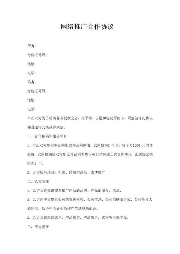 网络推广合作协议模板