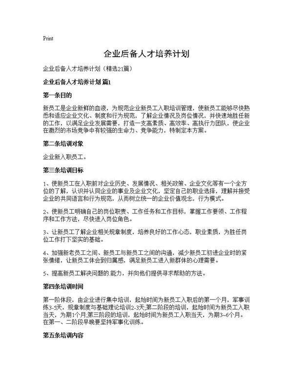 企业后备人才培养计划21篇