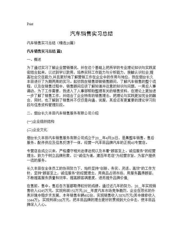 汽车销售实习总结20篇