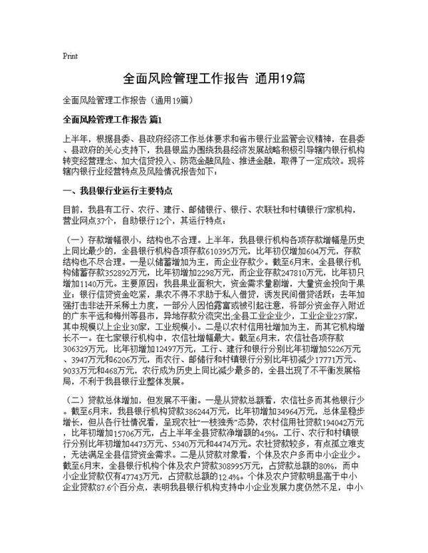 全面风险管理工作报告(通用19篇)