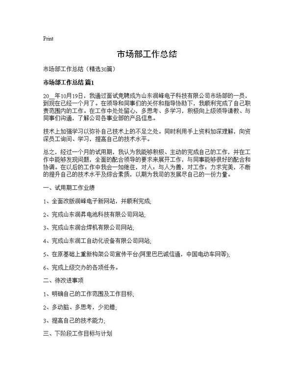 市场部工作总结30篇