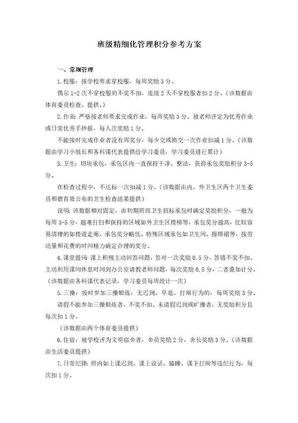 班级精细化管理积分参考方案