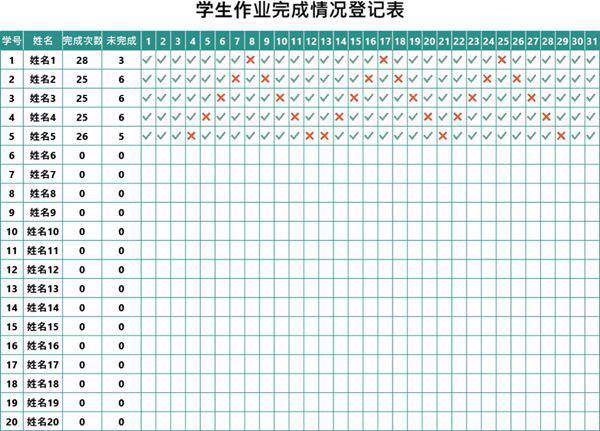 学生作业完成情况登记表模板