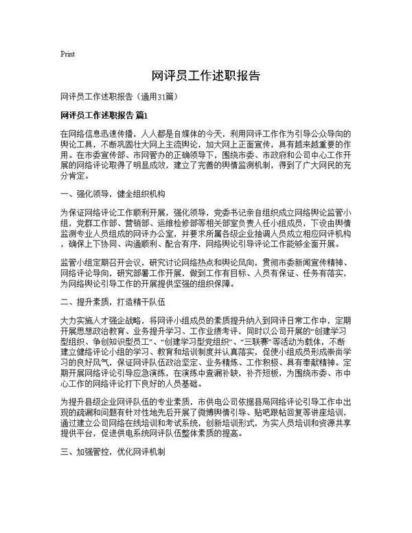 网评员工作述职报告31篇