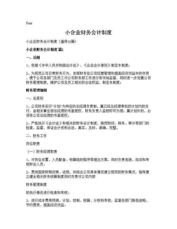 小企业财务会计制度30篇