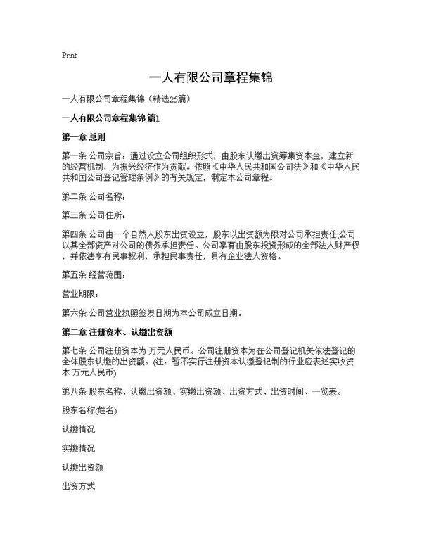 一人有限公司章程集锦25篇