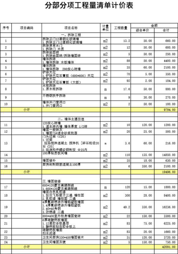 茶楼拆除清单报价表