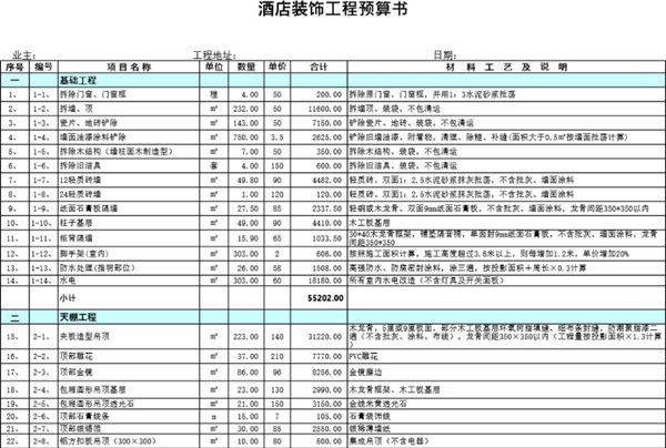 大酒店装饰报价表