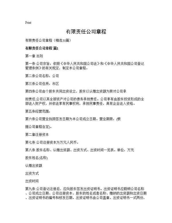 有限责任公司章程30篇