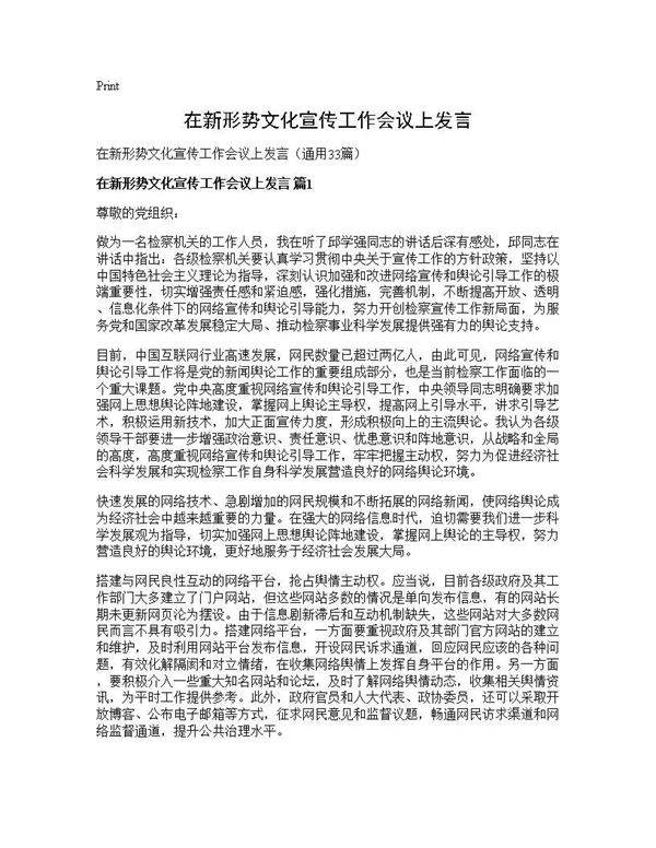 在新形势文化宣传工作会议上发言33篇