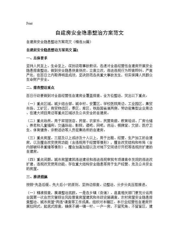 自建房安全隐患整治方案范文30篇