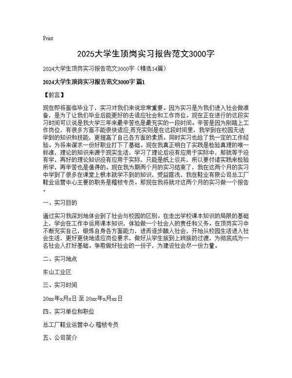 2024大学生顶岗实习报告范文3000字14篇