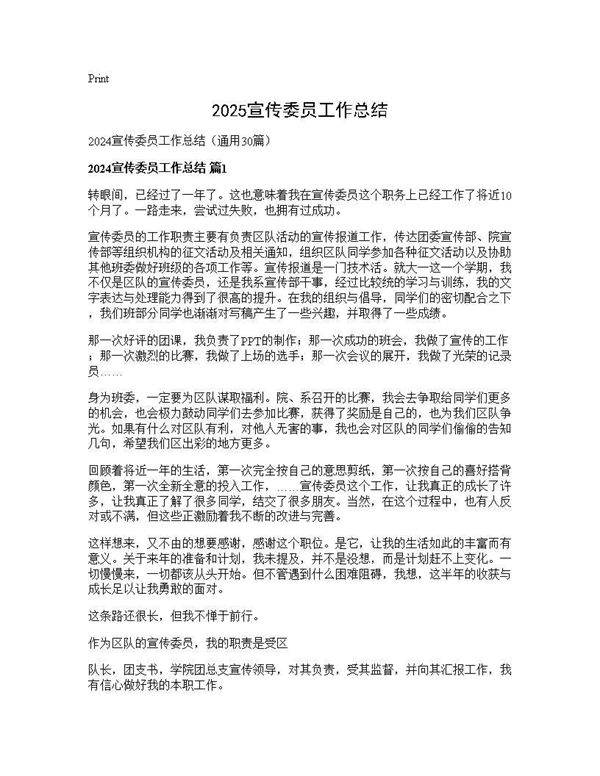 2025宣传委员工作总结30篇