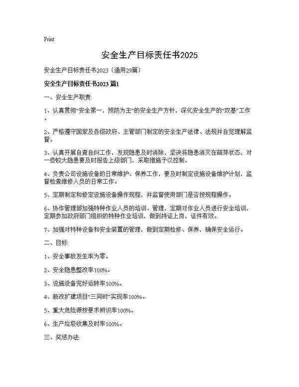 安全生产目标责任书202529篇