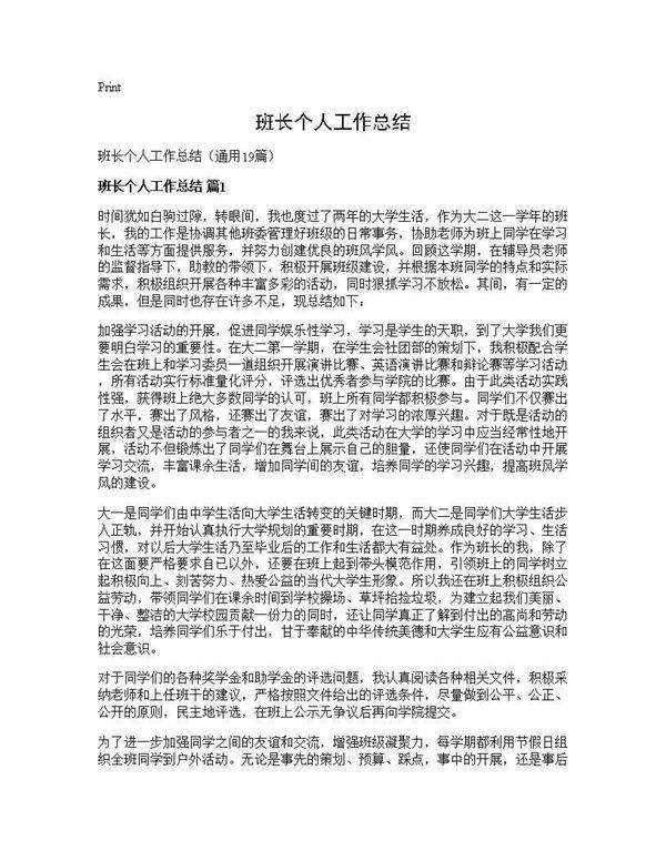班长个人工作总结19篇
