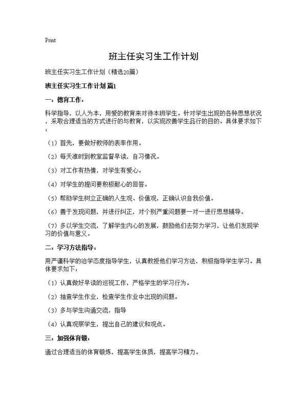 班主任实习生工作计划20篇