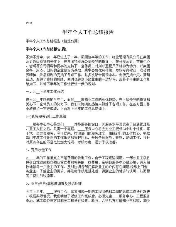 半年个人工作总结报告13篇