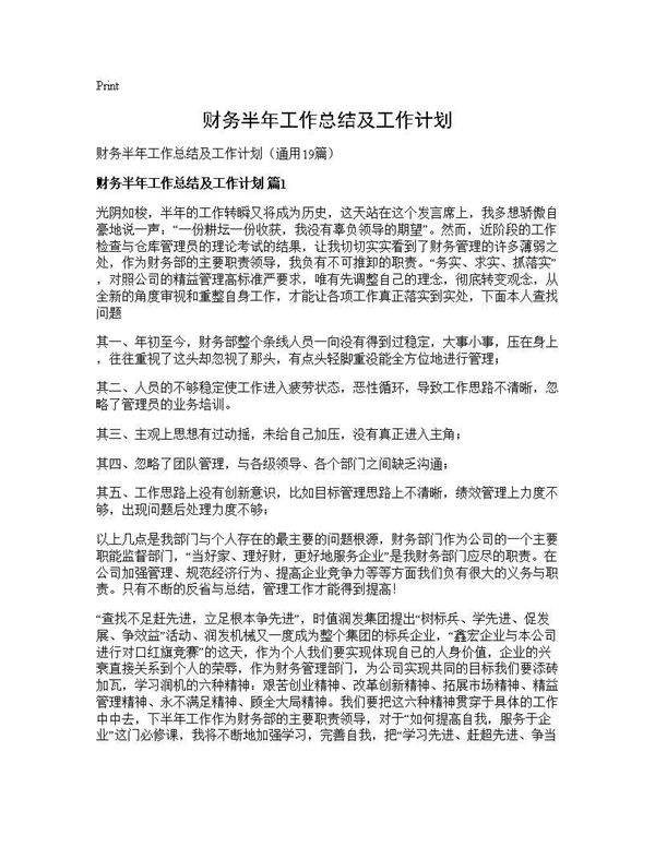 财务半年工作总结及工作计划19篇