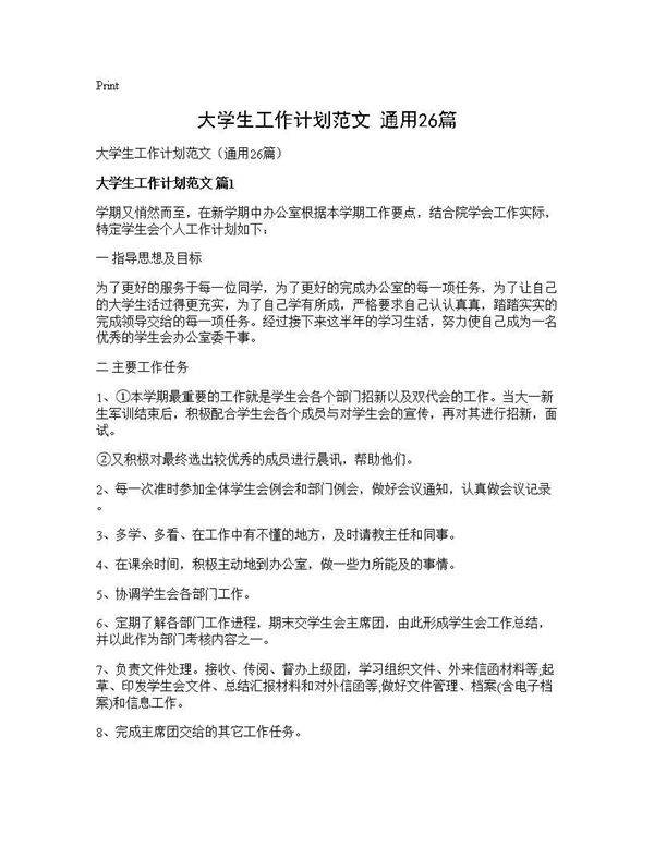 大学生工作计划范文(通用26篇)