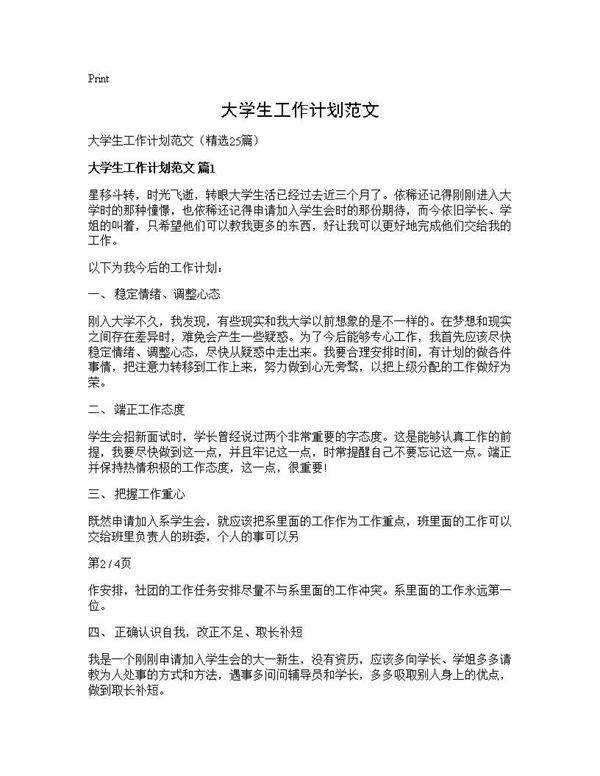 大学生工作计划范文25篇