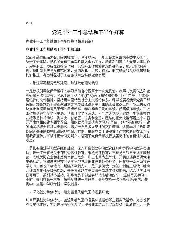 党建半年工作总结和下半年打算14篇