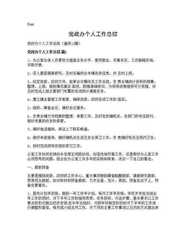 党政办个人工作总结15篇