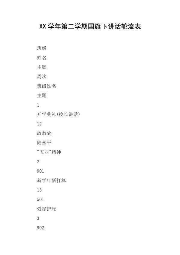 学年第二学期国旗下讲话轮流表