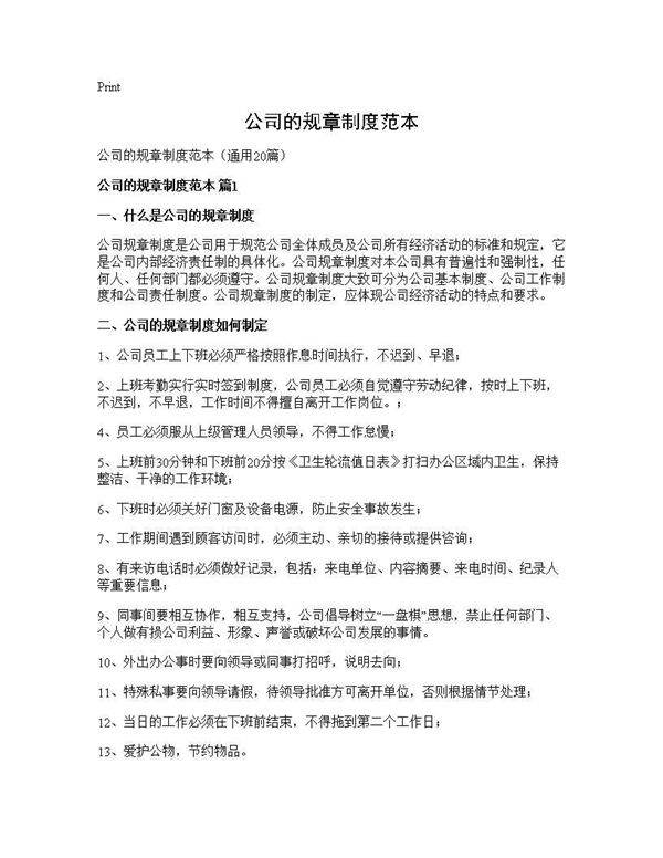 公司的规章制度范本20篇