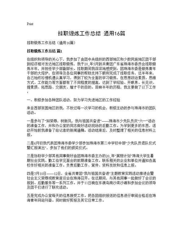 挂职锻炼工作总结(通用16篇)