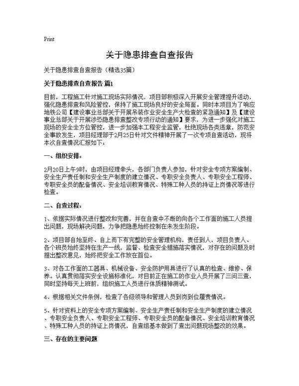 关于隐患排查自查报告35篇