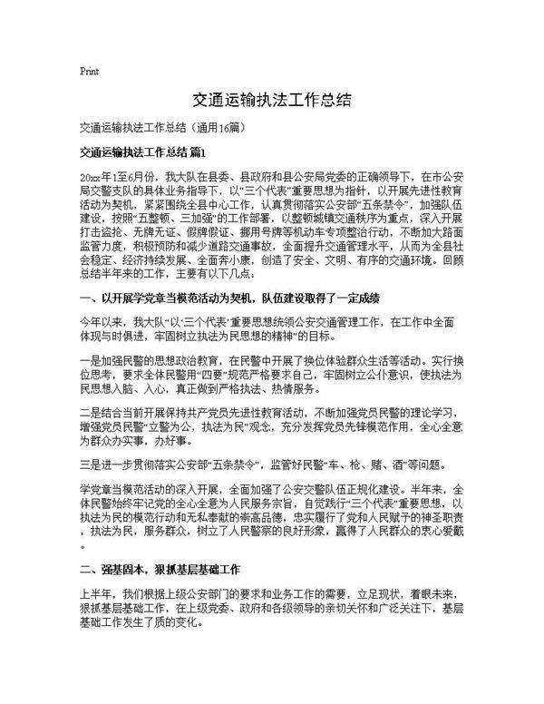 交通运输执法工作总结16篇