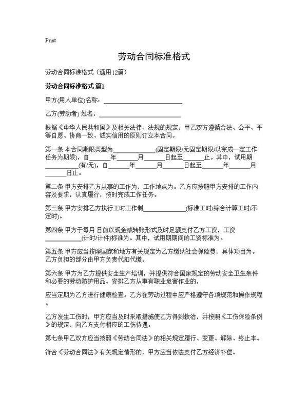 劳动合同标准格式12篇