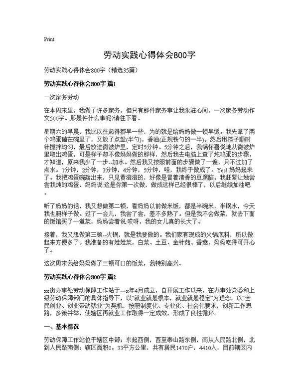 劳动实践心得体会800字35篇