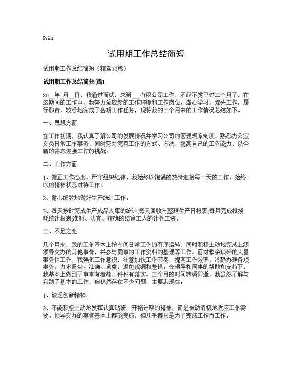 试用期工作总结简短32篇