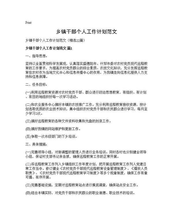 乡镇干部个人工作计划范文22篇