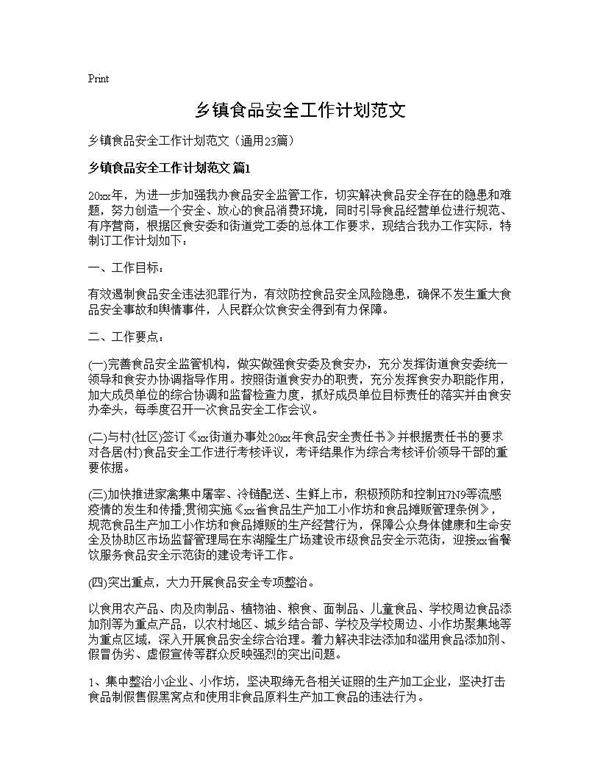 乡镇食品安全工作计划范文23篇