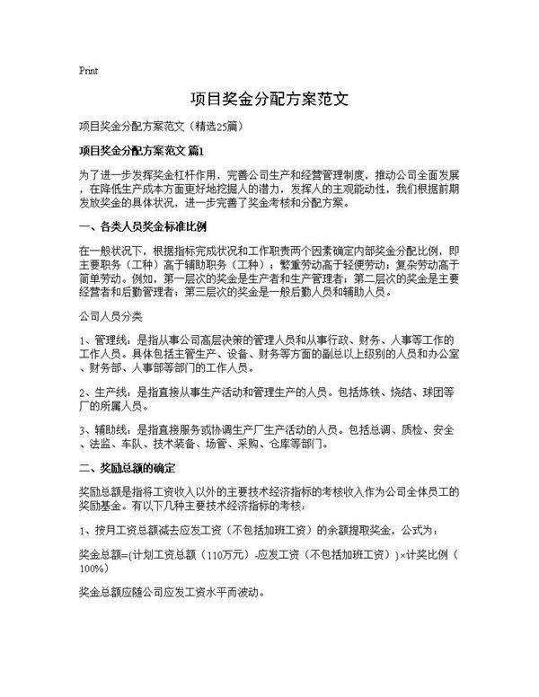 项目奖金分配方案范文25篇