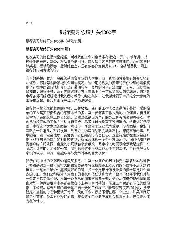 银行实习总结开头1000字27篇