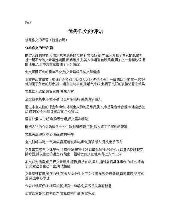 优秀作文的评语23篇