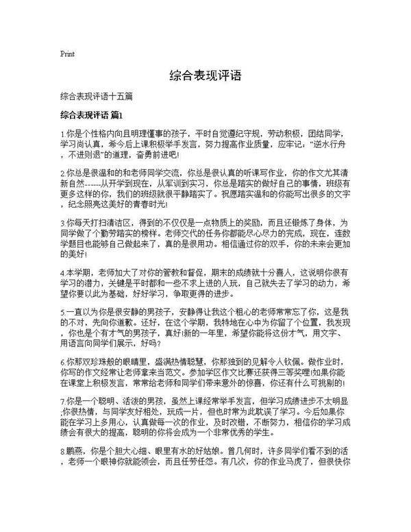 综合表现评语