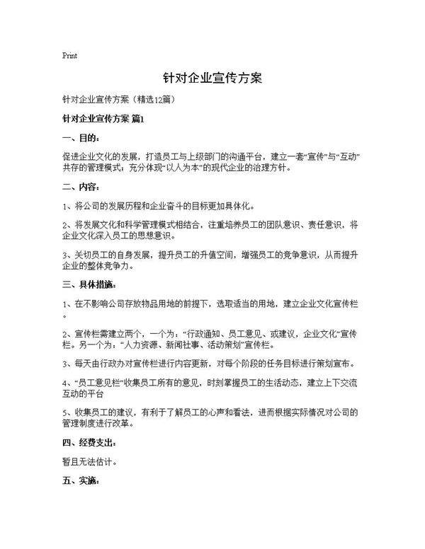 针对企业宣传方案12篇