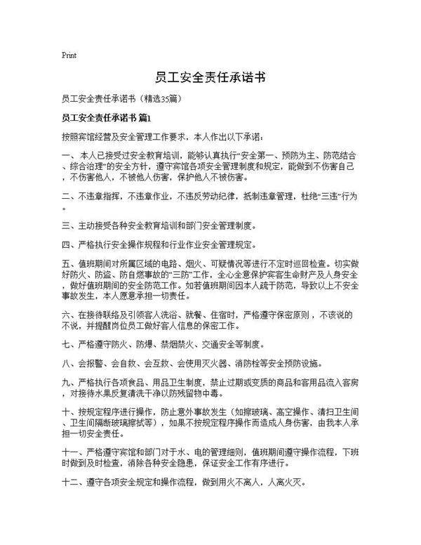 员工安全责任承诺书35篇