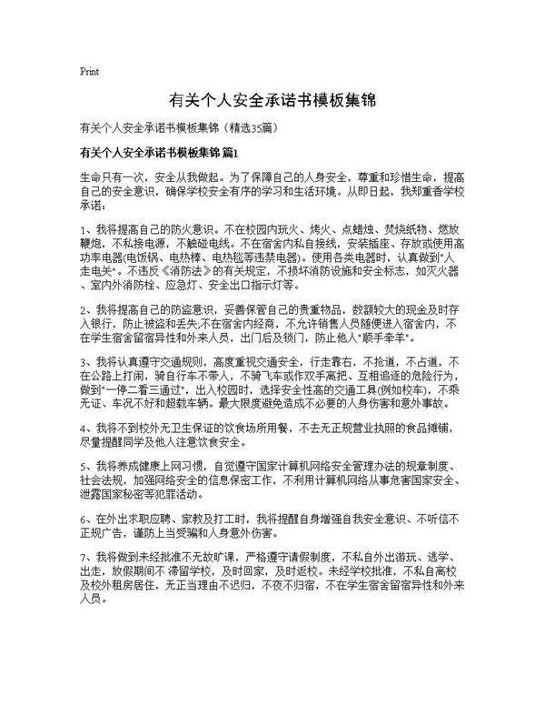 有关个人安全承诺书模板集锦35篇
