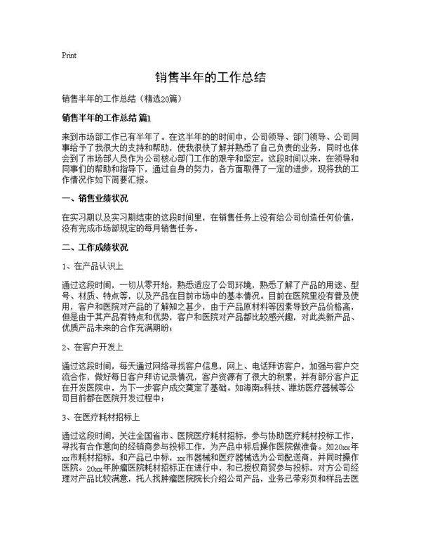 销售半年的工作总结20篇